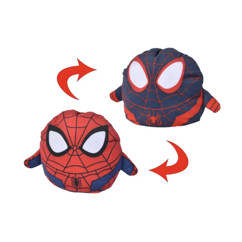 Wendbares Spider-Man-Plüschtier mit zwei Designs, Pfeile zeigen das Umdrehen des Spielzeugs. Wendbares Spider-Man-Plüschtier mit zwei Designs, Pfeile zeigen das Umdrehen des Spielzeugs.
