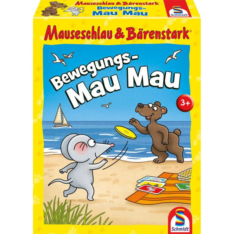Maus und Bär spielen am Strand Bewegungs-Mau Mau, ein Kartenspiel für Kinder ab 3 Jahren.