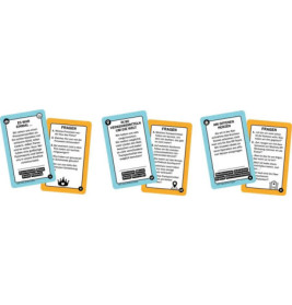 Vier deutsche Erzählkarten mit blauen und orangen Rändern, jeweils mit Text und einem Fragebereich.