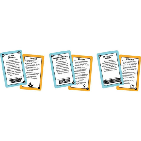 Vier deutsche Erzählkarten mit blauen und orangen Rändern, jeweils mit Text und einem Fragebereich.