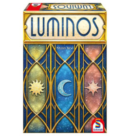 Luminos-Spielschachtel mit Sonnen-, Mond- und Sternsymbolen sowie goldenen geometrischen Mustern.