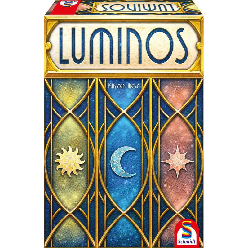 Luminos-Spielschachtel mit Sonnen-, Mond- und Sternsymbolen sowie goldenen geometrischen Mustern. Luminos-Spielschachtel mit Sonnen-, Mond- und Sternsymbolen sowie goldenen geometrischen Mustern.