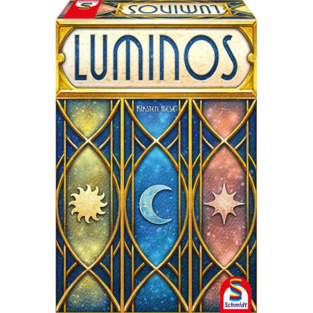 Luminos-Spielschachtel mit Sonnen-, Mond- und Sternsymbolen sowie goldenen geometrischen Mustern.