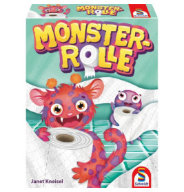 Bunte Monster halten Klopapierrollen auf dem Cover des Brettspiels Monster-Rolle von Schmidt.