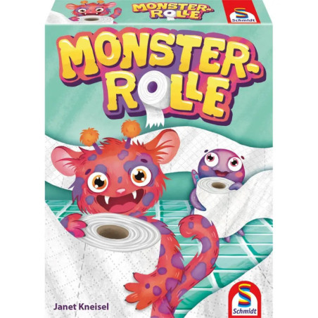Bunte Monster halten Klopapierrollen auf dem Cover des Brettspiels Monster-Rolle von Schmidt.