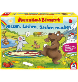 Bunte Brettspielschachtel mit Cartoon-Maus und Bär, die auf einer Uhr in lebhafter Umgebung tanzen.