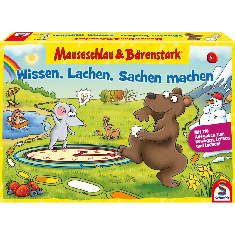 Bunte Brettspielschachtel mit Cartoon-Maus und Bär, die auf einer Uhr in lebhafter Umgebung tanzen.