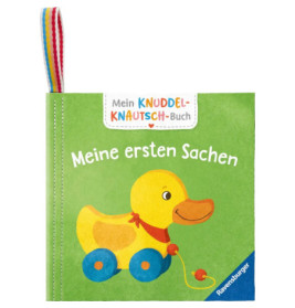 Grünes Babybuch mit einer gelben Spielzeugente auf Rädern und dem Titel Meine ersten Sachen.
