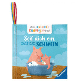 Zwei gezeichnete Schweinchen in einer Schaumwanne auf einem Kinderbuch mit deutschem Text und Regenbogenschleife.