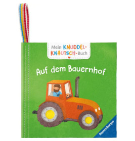Grünes Kinderbuchcover mit rotem Traktor, Fahrer und dem deutschen Titel Auf dem Bauernhof.