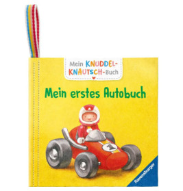 Weiches Kinderbuchcover mit gezeichnetem Kind im roten Rennauto und dem deutschen Titel Mein erstes Autobuch.