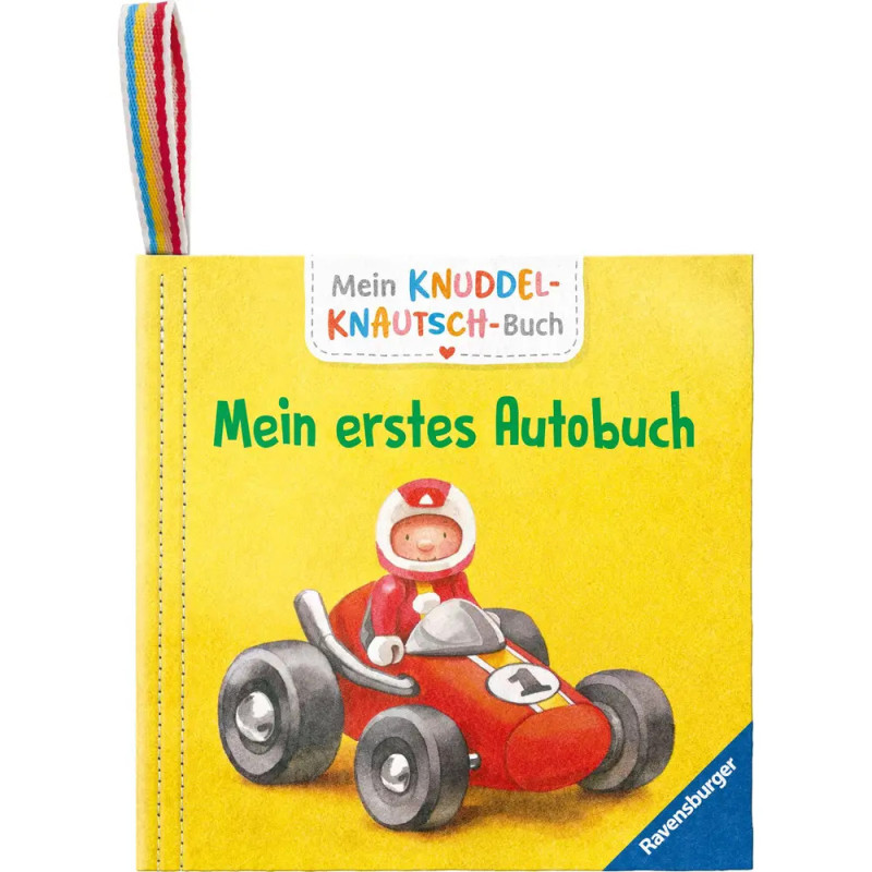 Weiches Kinderbuchcover mit gezeichnetem Kind im roten Rennauto und dem deutschen Titel Mein erstes Autobuch.