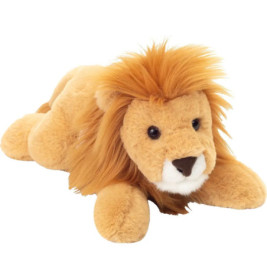 Ein Plüschlöwe mit flauschiger Mähne liegt auf weißem Hintergrund und schaut nach vorn.