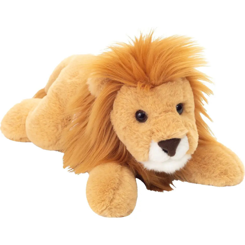 Ein Plüschlöwe mit flauschiger Mähne liegt auf weißem Hintergrund und schaut nach vorn.
