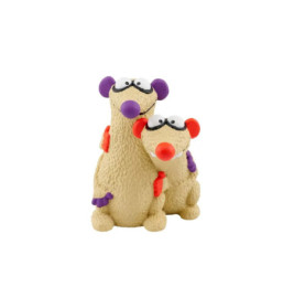 Zwei beige Dino-Figuren mit großen Augen und lila bzw. roter Schnauze stehen eng beieinander.