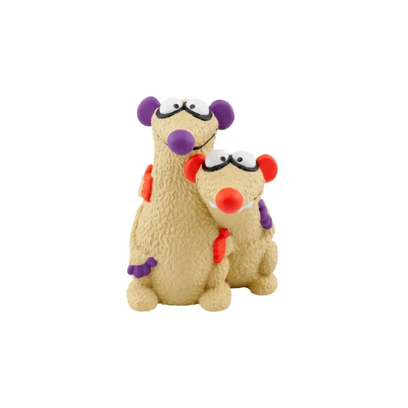 Zwei beige Dino-Figuren mit großen Augen und lila bzw. roter Schnauze stehen eng beieinander. Zwei beige Dino-Figuren mit großen Augen und lila bzw. roter Schnauze stehen eng beieinander.