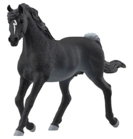 Schwarze Pferdefigur mit weißer Stirnmarkierung und grauen Hufen, steht mit erhobenem Bein.