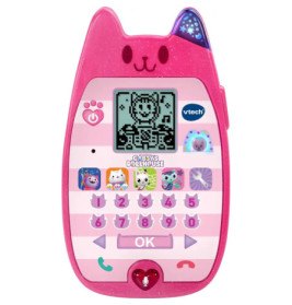 Rosa, katzenförmiges Spielzeugtelefon mit Katzenbild auf dem Display und bunten Tasten darunter.