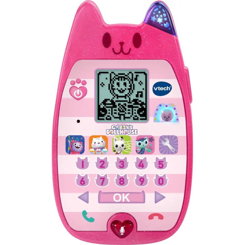 Rosa, katzenförmiges Spielzeugtelefon mit Katzenbild auf dem Display und bunten Tasten darunter.