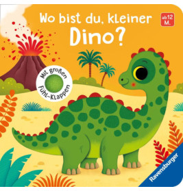 Ein grüner Zeichentrick-Dinosaurier steht vor Palmen und Vulkan, daneben deutscher Text auf gelbem Hintergrund.