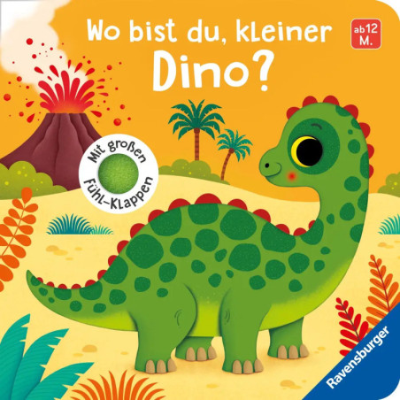 Ein grüner Zeichentrick-Dinosaurier steht vor Palmen und Vulkan, daneben deutscher Text auf gelbem Hintergrund.