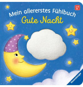 Buchcover mit lächelndem Mond, Sternen und einer weißen Wolke, Titel: Gute Nacht.