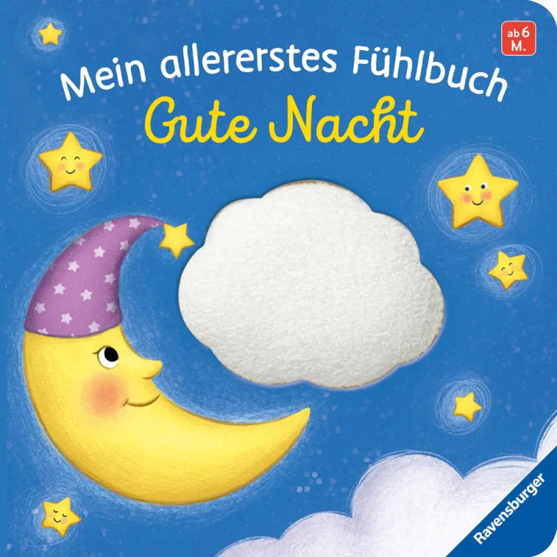 Buchcover mit lächelndem Mond, Sternen und einer weißen Wolke, Titel: Gute Nacht.