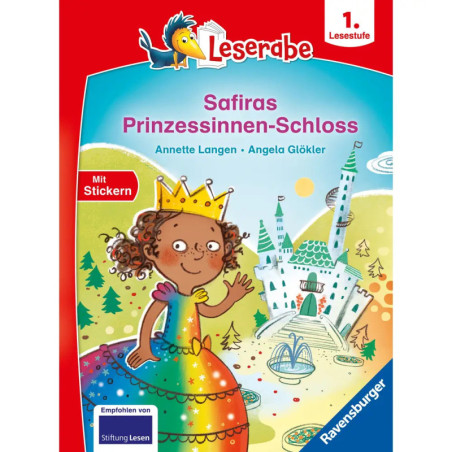 Buntes Kinderbuchcover mit Prinzessin im Regenbogenkleid vor einem Schloss im Hintergrund.
