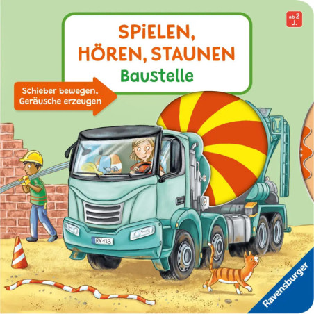 Illustration: Betonmischer, Kind und Hund auf Baustelle mit Verkehrskegeln und Ziegelsteinen.