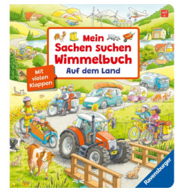 Cover eines Kinderbuchs mit lebhafter Bauernhofszene, Traktor, Tieren, Menschen. Titel: Meine Sachen suchen Wimmelbuch.
