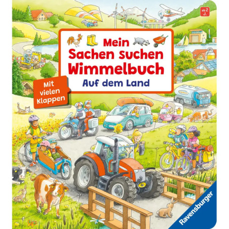 Cover eines Kinderbuchs mit lebhafter Bauernhofszene, Traktor, Tieren, Menschen. Titel: Meine Sachen suchen Wimmelbuch.