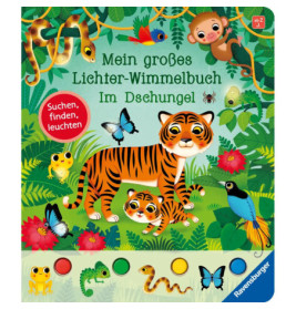 Illustrierte Dschungelszene mit Tieren wie Tiger, Affe, Frosch, Papagei, Schmetterlingen und bunten Buttons unten.