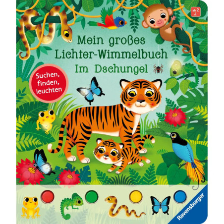 Illustrierte Dschungelszene mit Tieren wie Tiger, Affe, Frosch, Papagei, Schmetterlingen und bunten Buttons unten.