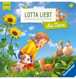Ein Mädchen lächelt Hund, Katze, Enten und Eichhörnchen in einem sonnigen Garten mit Sonnenblumen an.