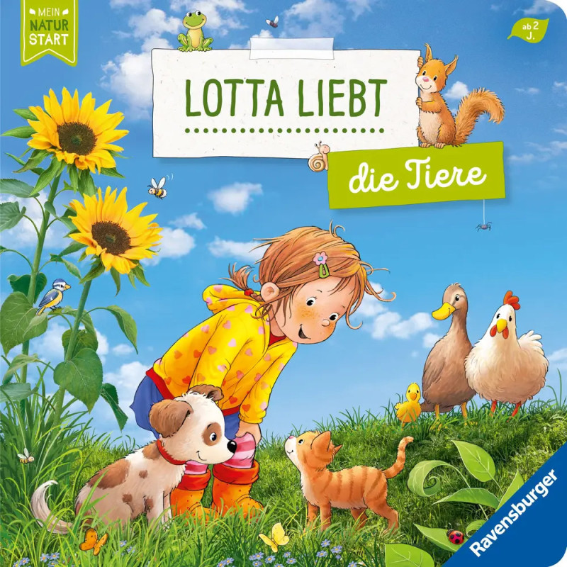 Ein Mädchen lächelt Hund, Katze, Enten und Eichhörnchen in einem sonnigen Garten mit Sonnenblumen an. Ein Mädchen lächelt Hund, Katze, Enten und Eichhörnchen in einem sonnigen Garten mit Sonnenblumen an.