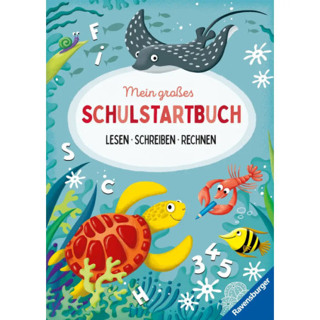 Bunte Unterwasserszene mit Fisch, Schildkröte, Krebs, Rochen und deutschem Text zu einem Schul-Arbeitsheft.