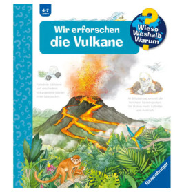 Illustration eines ausbrechenden Vulkans mit Lava Tiere, Pflanzen und Wissenschaftler erkunden die Umgebung.