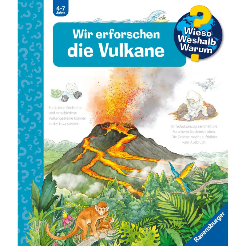 Illustration eines ausbrechenden Vulkans mit Lava Tiere, Pflanzen und Wissenschaftler erkunden die Umgebung.