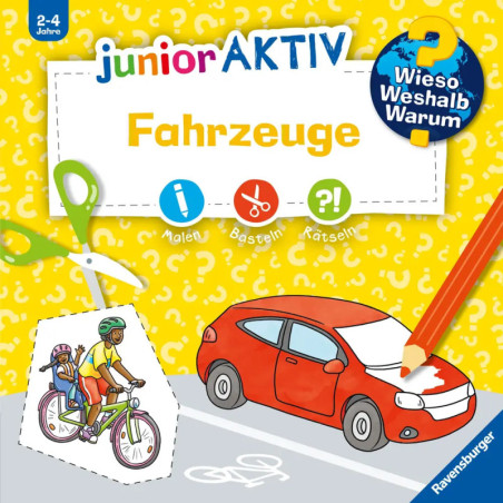 Cover eines Ravensburger Kinder-Mitmachbuchs Fahrzeuge mit rotem Auto, Radfahrern und Malutensilien.