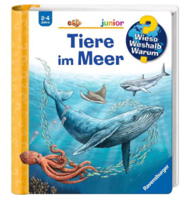 Kinderbuchcover mit Ozeantieren wie Wal, Hai, Rochen, Fischen und Oktopus unter Wasser.