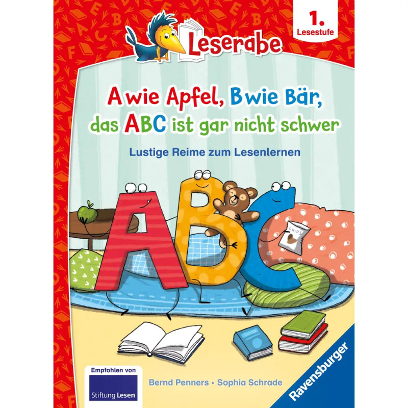 Buntes deutsches Kinderbuchcover mit Cartoon-Buchstaben A, B, C und spielerischen Klassenzimmerelementen.