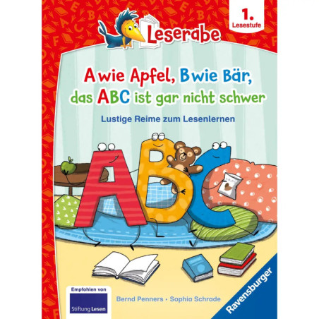 Buntes deutsches Kinderbuchcover mit Cartoon-Buchstaben A, B, C und spielerischen Klassenzimmerelementen.