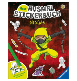 Ein Ninja im gelben Anzug springt auf rotem Hintergrund mit Ninja-Stickern, Schwertern und deutschem Text.