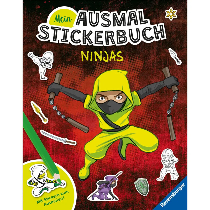 Ein Ninja im gelben Anzug springt auf rotem Hintergrund mit Ninja-Stickern, Schwertern und deutschem Text.