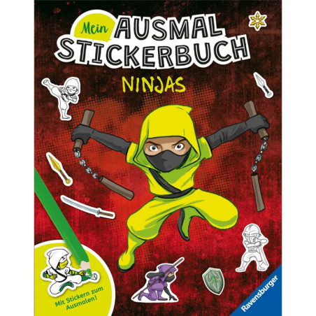 Ein Ninja im gelben Anzug springt auf rotem Hintergrund mit Ninja-Stickern, Schwertern und deutschem Text.