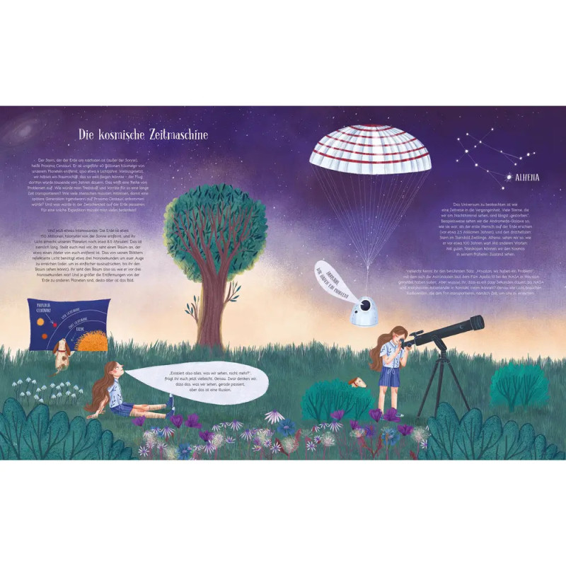 Ein Mädchen schaut durch ein Teleskop, ein anderes liest im Gras eine Kapsel landet per Fallschirm unter Sternen. Ein Mädchen schaut durch ein Teleskop, ein anderes liest im Gras eine Kapsel landet per Fallschirm unter Sternen.