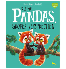 Zwei gezeichnete rote Pandas halten sich auf einem Ast an den Pfoten Hintergrund in Türkis, deutscher Buchtitel.