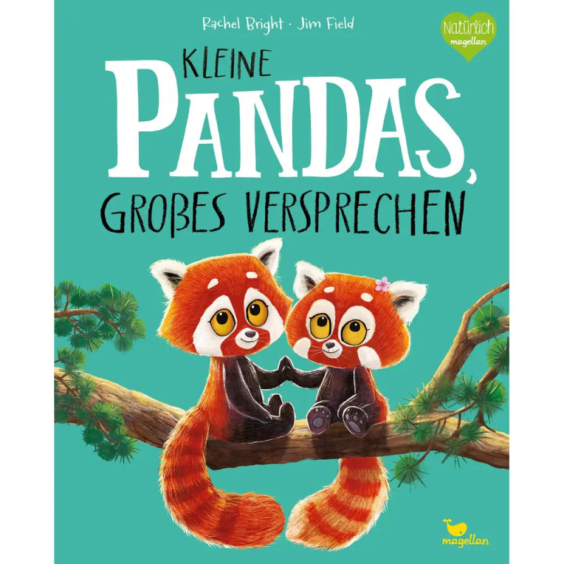 Zwei gezeichnete rote Pandas halten sich auf einem Ast an den Pfoten Hintergrund in Türkis, deutscher Buchtitel. Zwei gezeichnete rote Pandas halten sich auf einem Ast an den Pfoten Hintergrund in Türkis, deutscher Buchtitel.