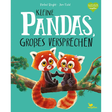 Zwei gezeichnete rote Pandas halten sich auf einem Ast an den Pfoten Hintergrund in Türkis, deutscher Buchtitel. Zwei gezeichnete rote Pandas halten sich auf einem Ast an den Pfoten Hintergrund in Türkis, deutscher Buchtitel.