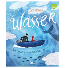 Illustration: Zwei Personen im blauen Boot auf Wasser, Fische darunter, darüber das Wort Wasser.